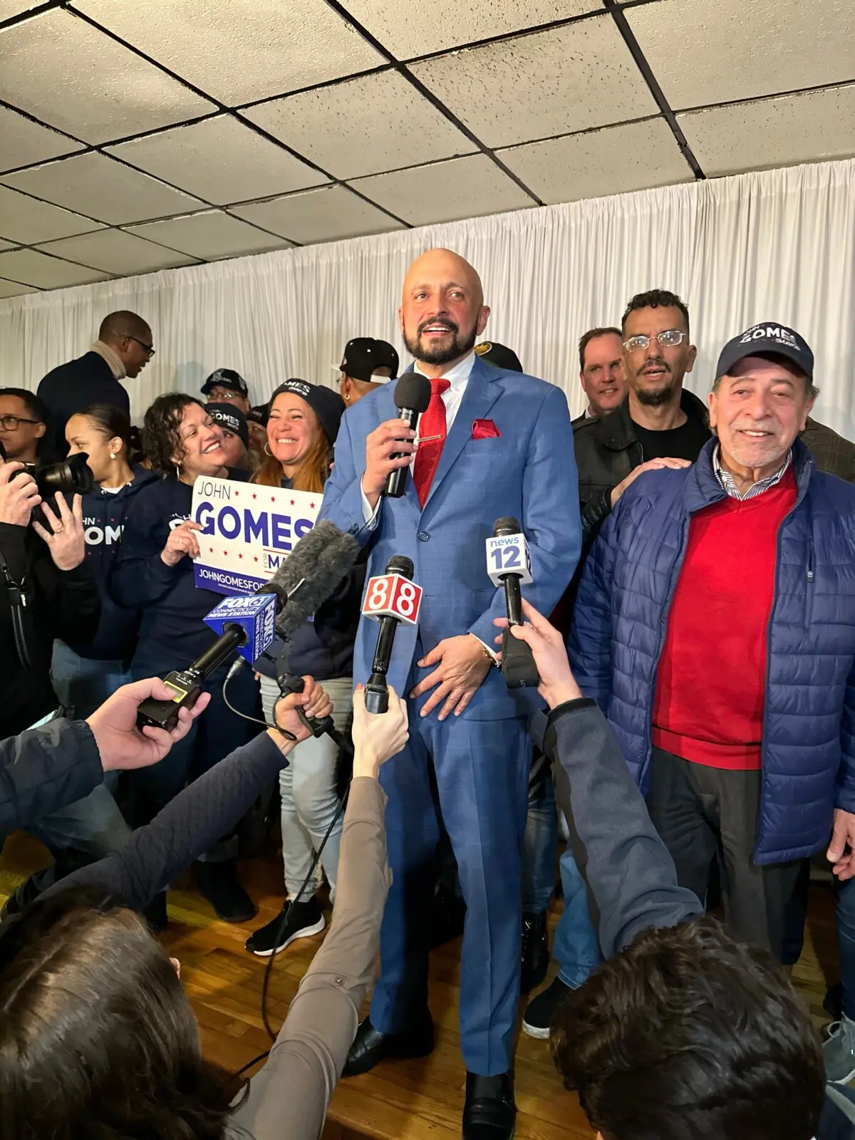 Prospect John Gomes at a enjoy gathering in Bridgeport, on Feb. 27, 2024, where he learned Joe Ganim was reelected. ( Juliette Fairley/The Epoch Times )