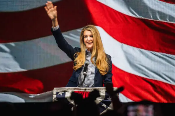 Sen. Kelly Loeffler ( R- Ga. ) welcomes a crowd during a runoff election night party at Grand Hyatt Hotel in Buckhead in Atlanta, Georgia, on Jan. 6, 2021. ( Brandon Bell/Getty Images )