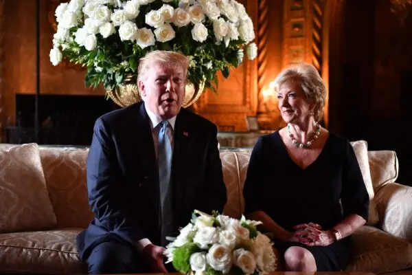 President Donald Trump speaks at a media conference with Linda McMahon, mind of Small Business Administration, at the government's Mar- a- Petite estate in Palm Beach, Fla., on March 29, 2019. ( Nicholas Kamm/AFP via Getty Images )