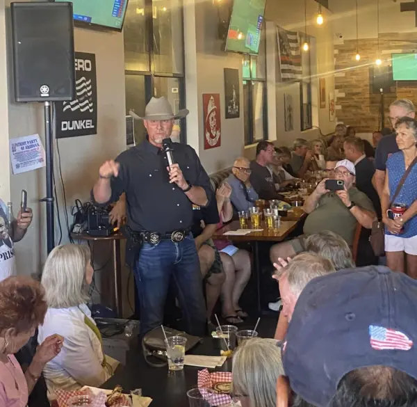 Pina County Sheriff and Republican Arizona 2024 Senate candidate Mark Lamb seeks with voters in Tucson, Arizona, on June 15, 2023. ( Sheriff Mark Lamb For U. S. Senate )