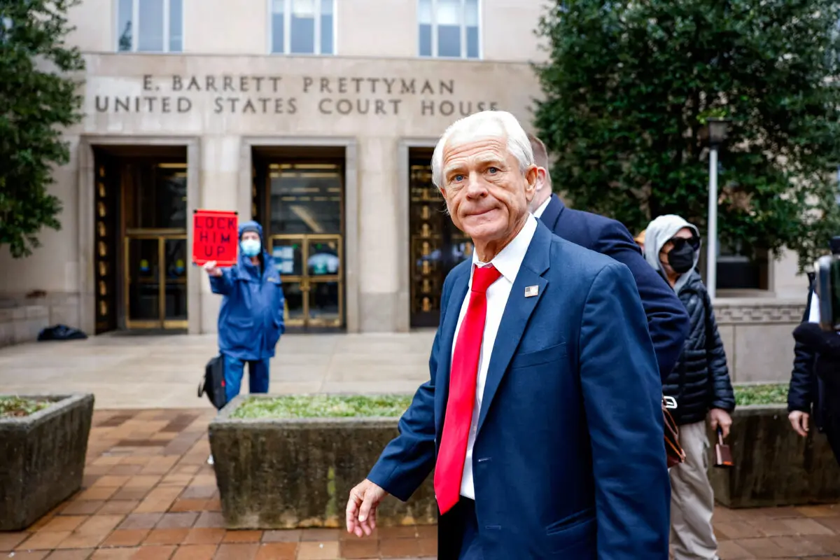 Peter Navarro, a former adviser to former President Donald Trump, departs the E. Barrett Prettyman Courthouse in Washington on Jan. 25, 2024. ( Anna Moneymaker/Getty Images )