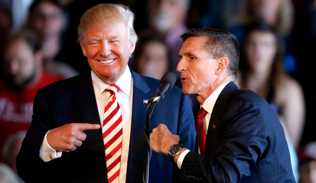 Then- Republican presidential candidate Donald Trump ( L ) and retired Lt. Gen. Michael Flynn at Grand Junction Regional Airport on Oct. 18, 2016. ( George Frey/Getty Images )