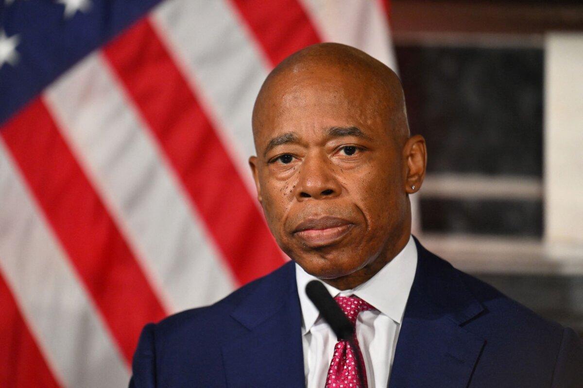 Mayor of New York Eric Adams addresses his press conference at New York City Hall on November 14, 2023. ( Angela Weiss/AFP via Getty Images )