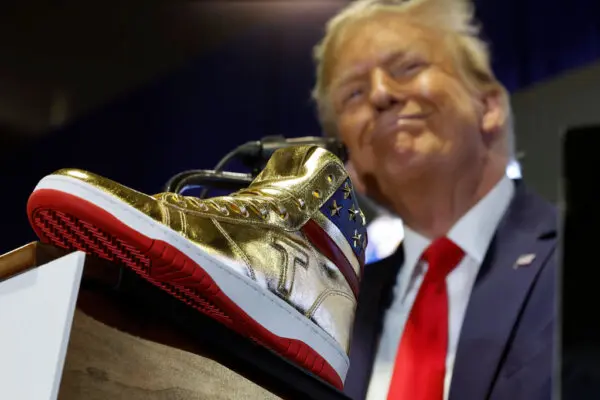 Republican presidential candidate and former President Donald Trump delivers remarks while introducing a new line of signature shoes at Sneaker Con at the Philadelphia Convention Center, in Philadelphia, Pa., on Feb. 17, 2024. (Chip Somodevilla/Getty Images)