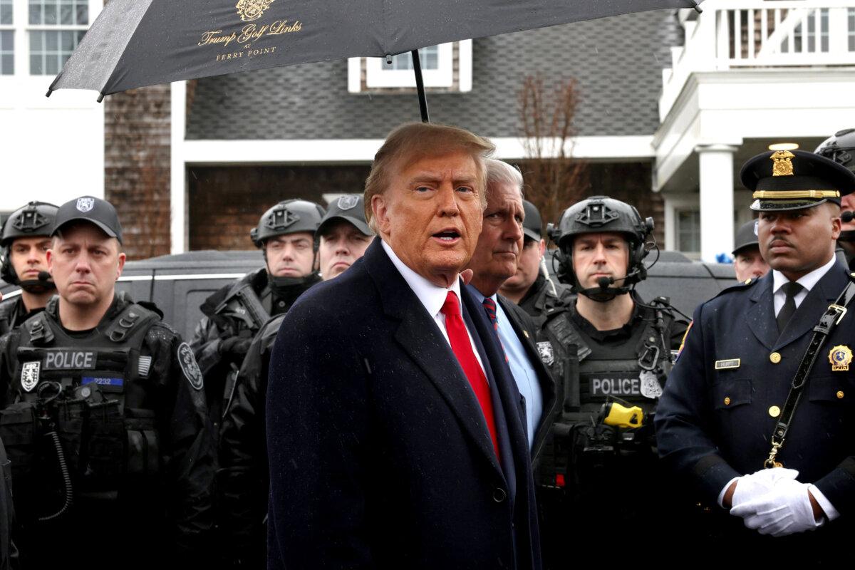 On March 28, 2024, former U.S. President Donald Trump addresses the media at the Massapequa Funeral Home in Massapequa, New York, following the passing of slain NYPD Officer Jonathan Diller. ( Spencer Platt/Getty Images )