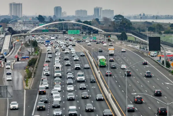 Trucks travel along Interstate 80 in Berkeley, California, on January 16, 2024. ( Justin Sullivan/Getty Images )