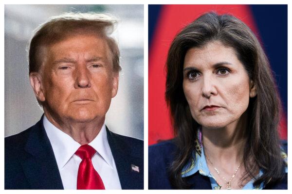 ( Left ) Former US President Donald Trump in New York City, on Feb. 15, 2024. ( Right ) Former U. N. Ambassador Nikki Haley at Irmo Town Park in Irmo, S. C., on Feb. 17, 2024. ( Win McNamee/Getty Images, Yuki Iwamura/AFP via Getty Images )