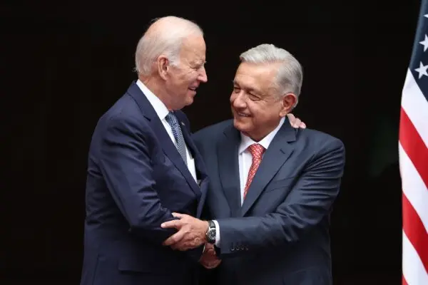 U. S. President Joe Biden ( L ) and Mexican President Andres Manuel Lopez Obrador ( R ) hug during a welcome ceremony as part of the 2023 North American Leaders Summit at Palacio Nacional in Mexico City, Mexico, on Jan. 9, 2023. ( Hector Vivas/Getty Images )