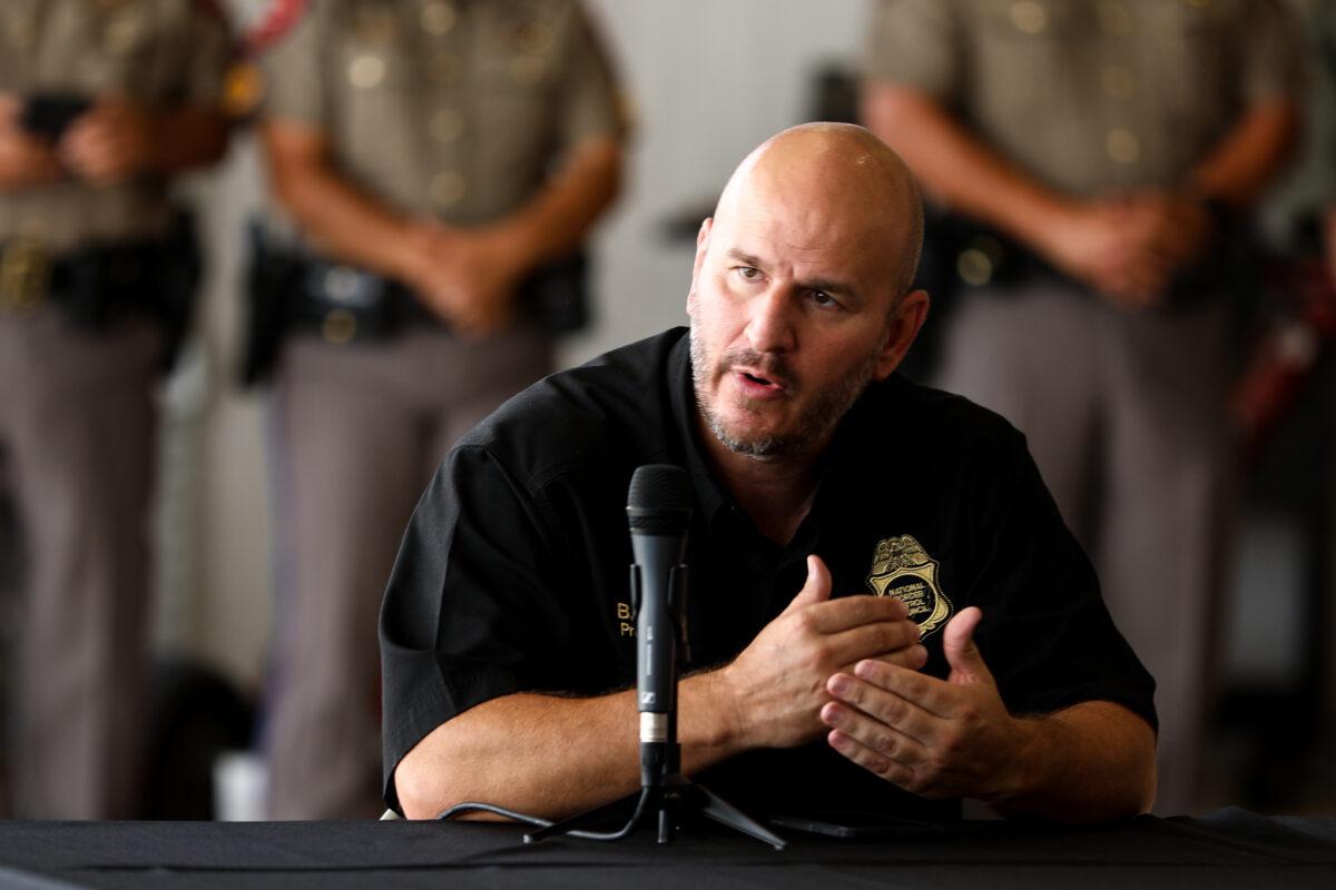 President of the National Border Patrol Council, Brandon Judd, at a border meeting on July 18, 2021 in Del Rio, Texas. ( Charlotte Cuthbertson/The Epoch Times )