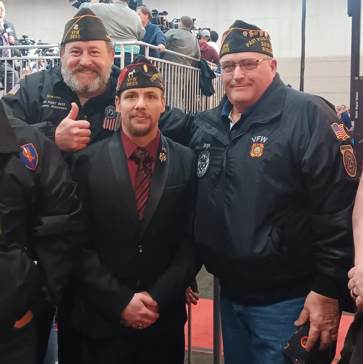 On April 2, 2024, a group of military veterans gathered to hear President Trump speak in Green Bay, Wisconsin, including Steven Levine ( L), Aaron Volling ( C), and Richard Verheyen ( R ). ( Nathan Worcester/The Epoch Times )