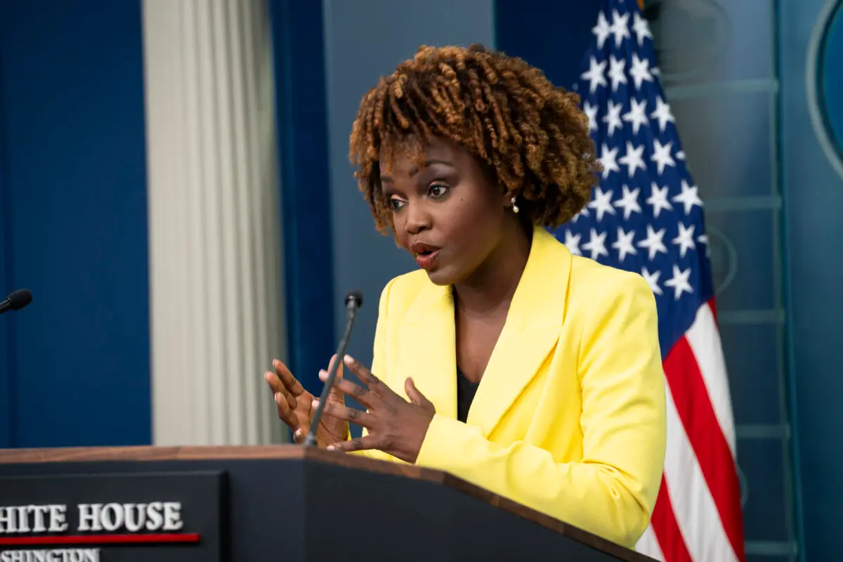 White House press secretary Karine Jean-Pierre addresses the audience at the White House's regular press conference on April 1, 2024. ( Madalina Vasiliu/The Epoch Times )