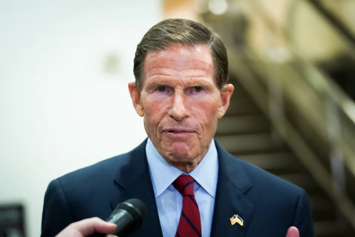 Sen. Richard Blumenthal speaks with reporters during a press event at the Capitol, on July 11, 2023. ( Madalina Vasiliu/The Epoch Times )