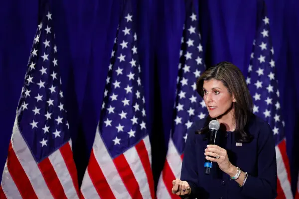 Nikki Haley, a Republican presidential candidate, addresses an audience at the Madison Hotel in Washington on March 1, 2024. ( Anna Moneymaker/Getty Images )