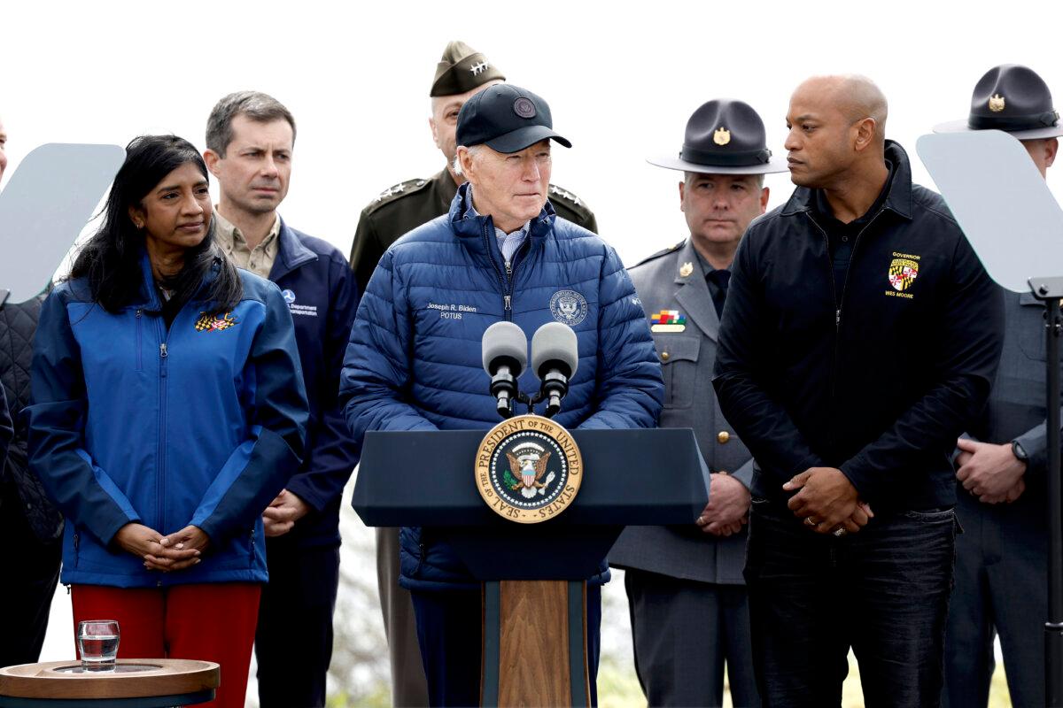 On April 5, 2024, President Joe Biden makes remarks at the Maryland Transportation Authority Police Headquarters in Baltimore, which is close to the site of the destroyed Francis Scott Key Bridge. ( Anna Moneymaker/Getty Images )