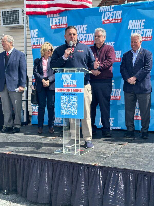 Congressman Anthony D'Esposito at Mike LiPetri's Campaign Kickoff Rally in Bethpage on April 7, 2024, ( Juliette Fairley/The Epoch Times )