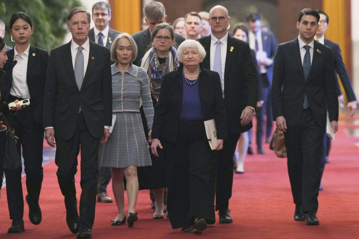 U.S. Treasury Secretary Janet Yellen ( C ) poses for a photo with Chinese Premier Li Qiang on April 7, 2024 in Beijing with U.S. Ambassador to China Nicholas Burns ( 2nd L). ( Tatan Syuflana/AFP via Getty Images )