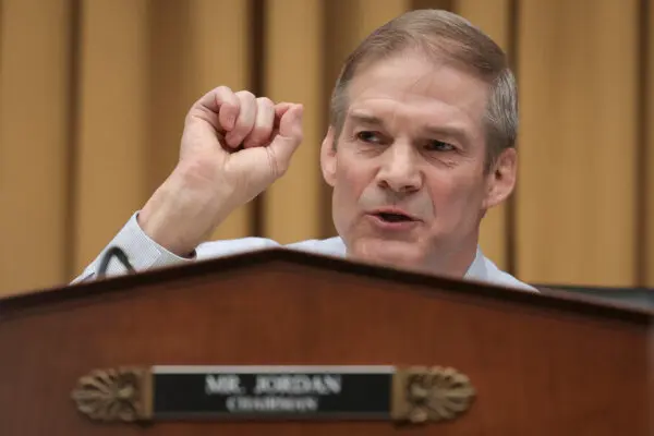 Rep. Jim Jordan (R-Ohio ), the chairman of the House Judiciary Committee, questions Robert K. Hur during his testimony before the House Judiciary Committee in Washington on March 12, 2024. ( Win McNamee/Getty Images )