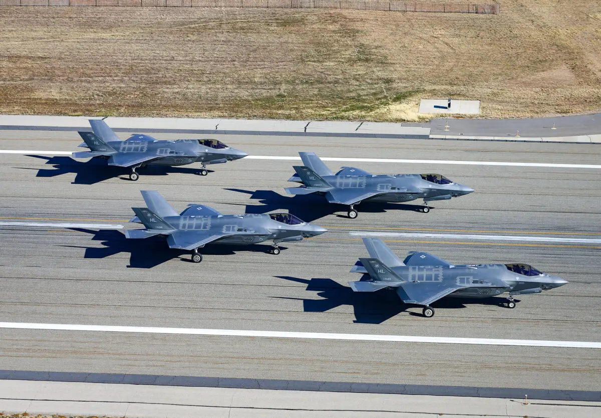 Four F-35A's of Hill Air Force Base's 388th and 419th warrior wings sit on the tarmac waiting for take-off in Hill Air Force Base, Utah, on Nov. 19, 2018. ( George Frey/Getty Images )