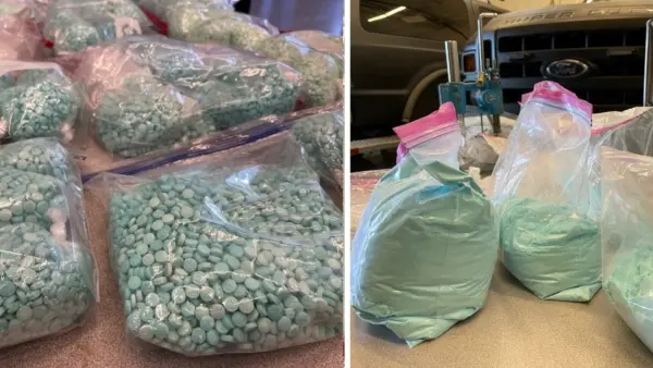 While executing a search warrant in Multnomah County, Oregon, on July 25, 2023, officials seized gallon-sized plastic bags stuffed with fentanyl pills and powder. ( Courtesy of Multnomah County Sheriff's Office )